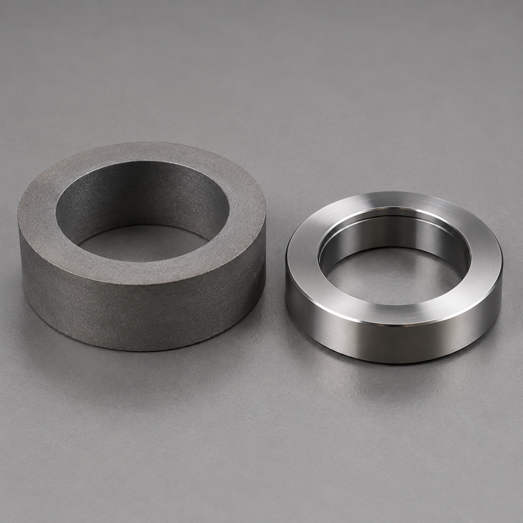 Carbide ring blank beside a finished seal ring with a lapped face